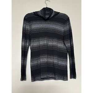 Talbots Top Womens Medium Black Silver Gray Striped Turtleneck Sweater Metallic